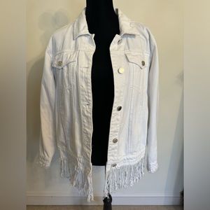 Blank NYC White Distressed Fringe Women's Denim Jacket